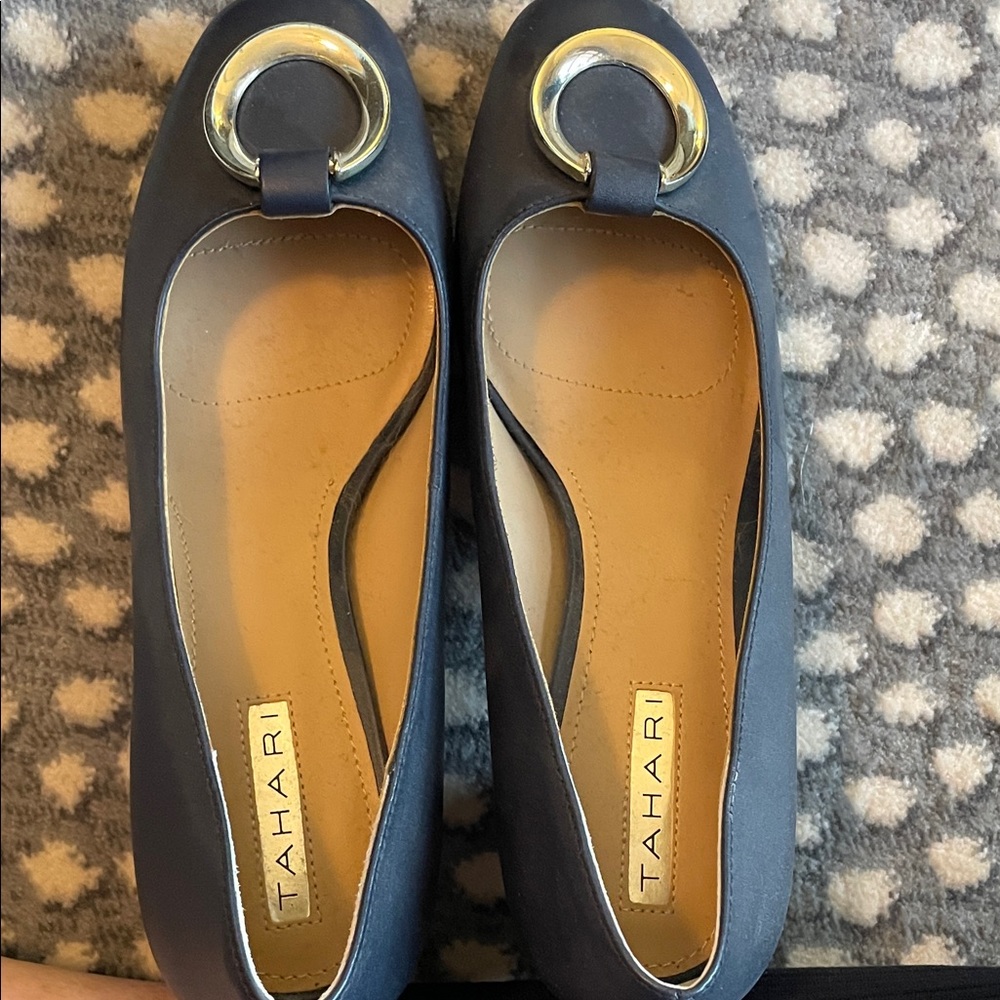Tahari Women's Blue Flats with Gold Ring Detail